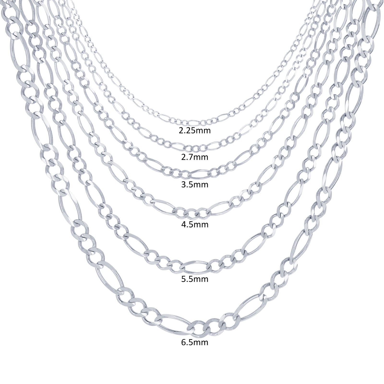 10K White Gold Solid 2.25mm-6.5mm Figaro Chain Necklace Mens Womens 16″- 30″