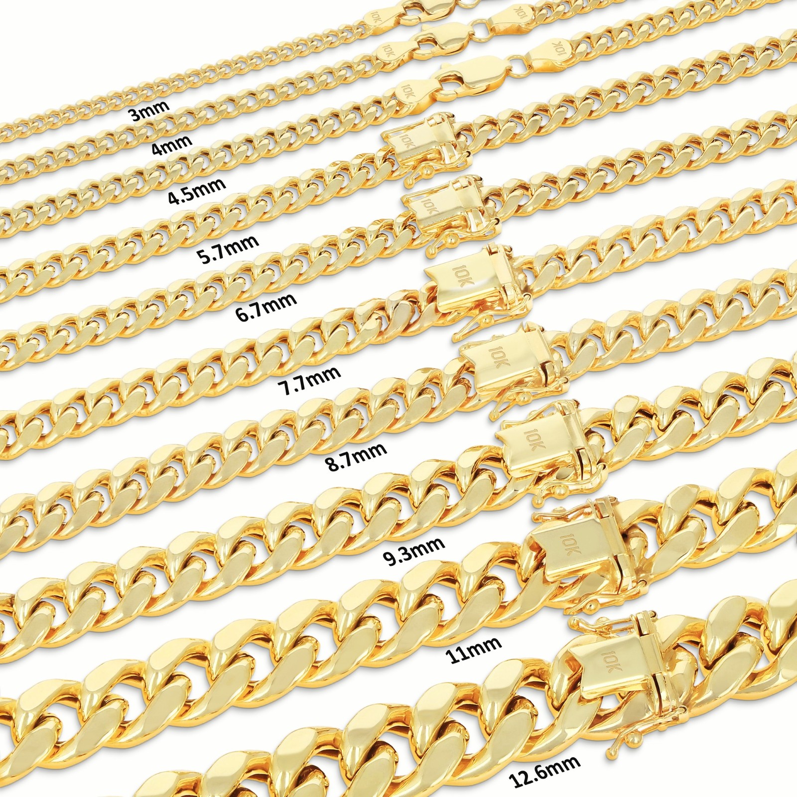 10K Real Yellow Gold 3mm-12.6mm Miami Cuban Lightweight Chain Necklace 16″ – 30″