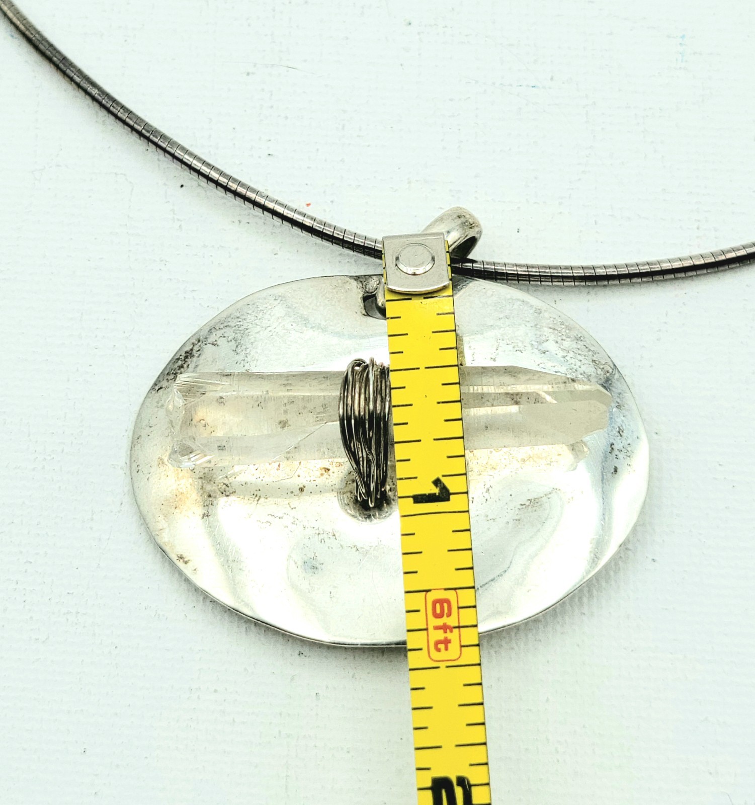 Sterling Silver Clear Crystal Quartz On Oval Silver Base Snake Chain 23gr Italy