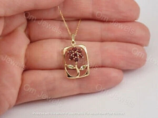 1Ct Round Cut Red Garnet Peridot Flower Pendant 14K Yellow Gold Over Free Chain