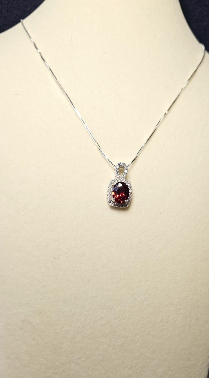 925 Sterling Silver Garnet with Moissanite Halo and 925 Italian Silver Box Chain