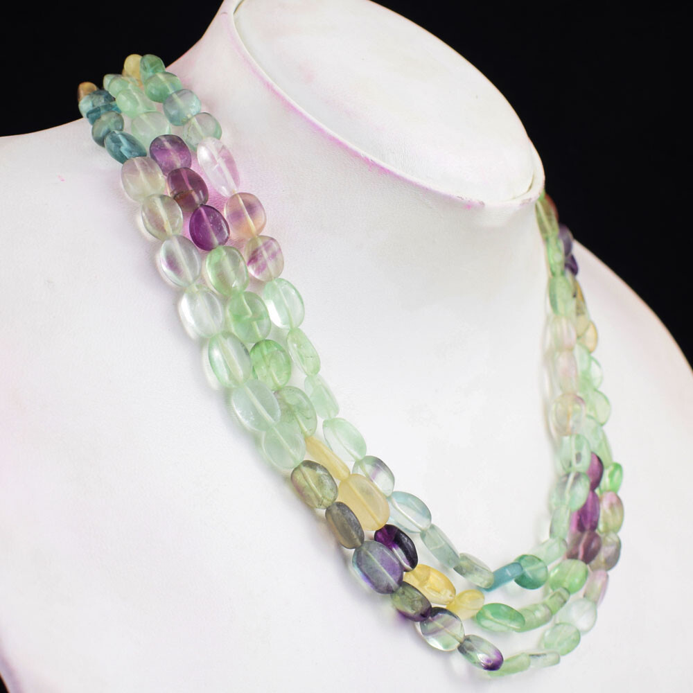 528 Cts Earth Mined Multicolor Fluorite Oval Shape Beaded Necklace SK 25E449