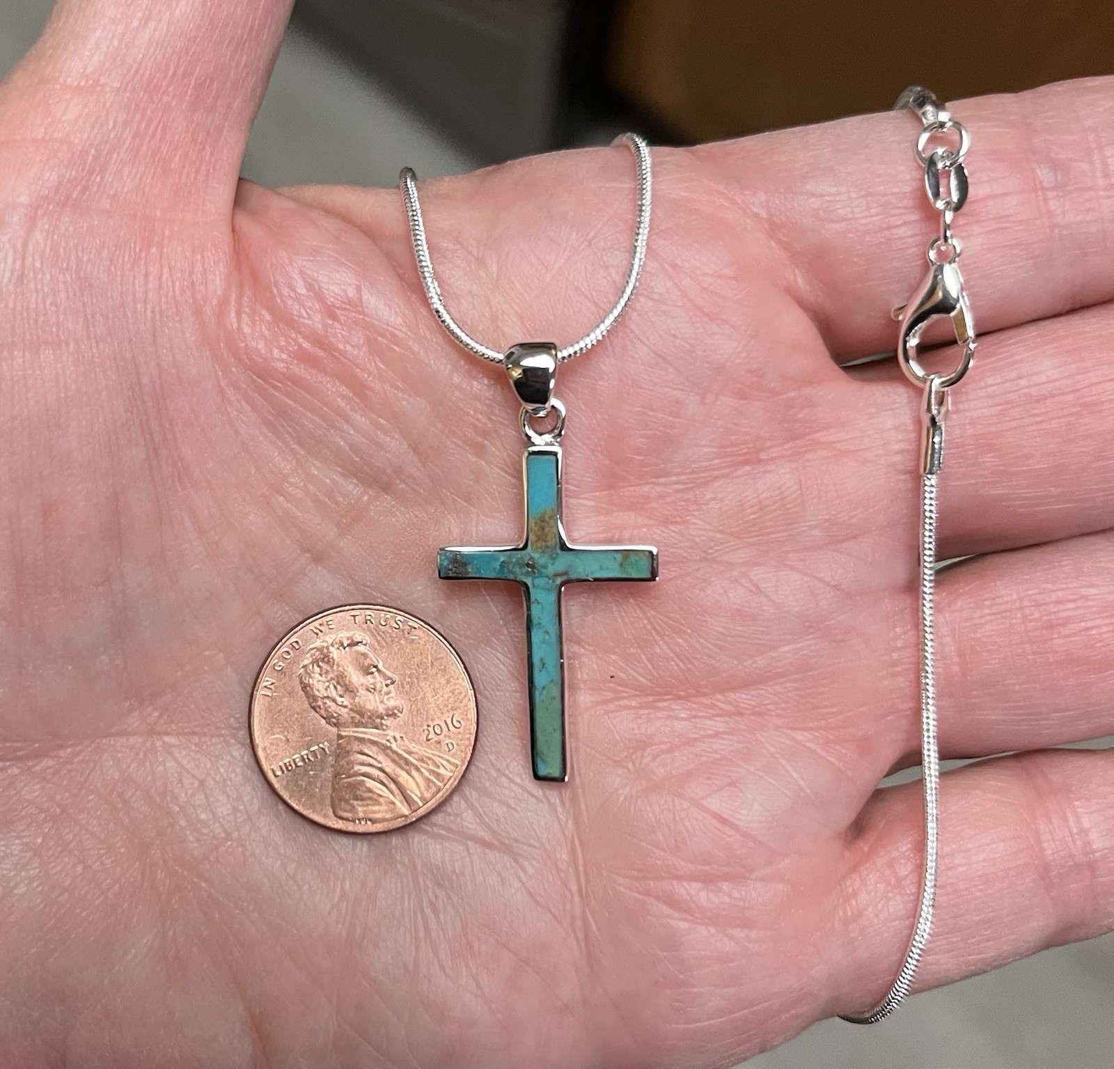 Sterling Silver Genuine Turquoise Cross Pendant & 18”Necklace Beautiful Gift 🩵