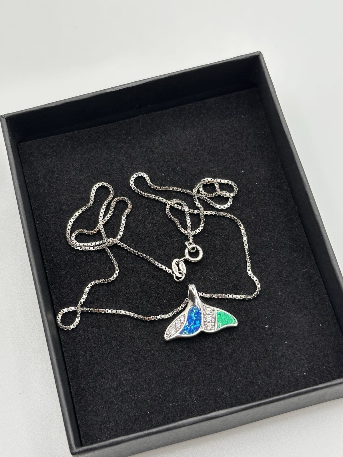 925 Sterling Silver Whale Tail Moissanite & Opal Pendant 18” Italian Box Chain