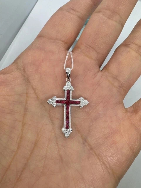 Round Cut Lab Created Red Ruby Womens Cross Pendant Chain 14K White Gold Plated
