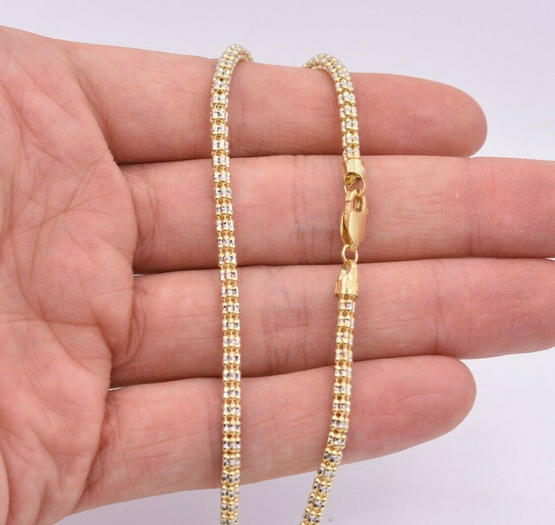 3.5mm Diamond Cut Ice Link Two Tone Chain Real 10K Yellow White Gold