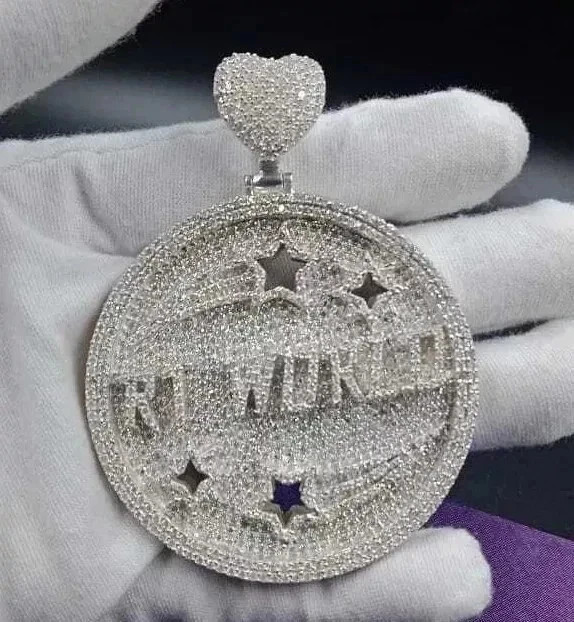 2.80Ct Real Moissanite Men’s Custom Name Circle Pendant 14K White Gold Plated