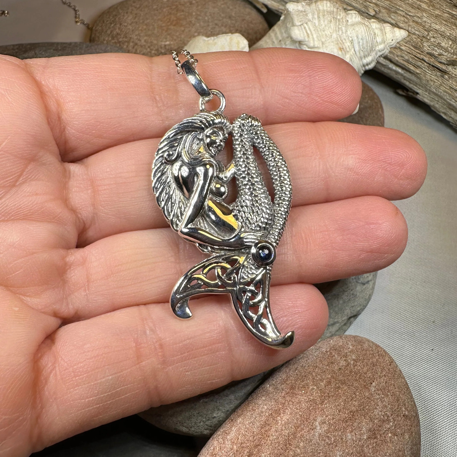 Celtic Mermaid Necklace in Sterling Silver 925 Large Nautical Beach Pendant