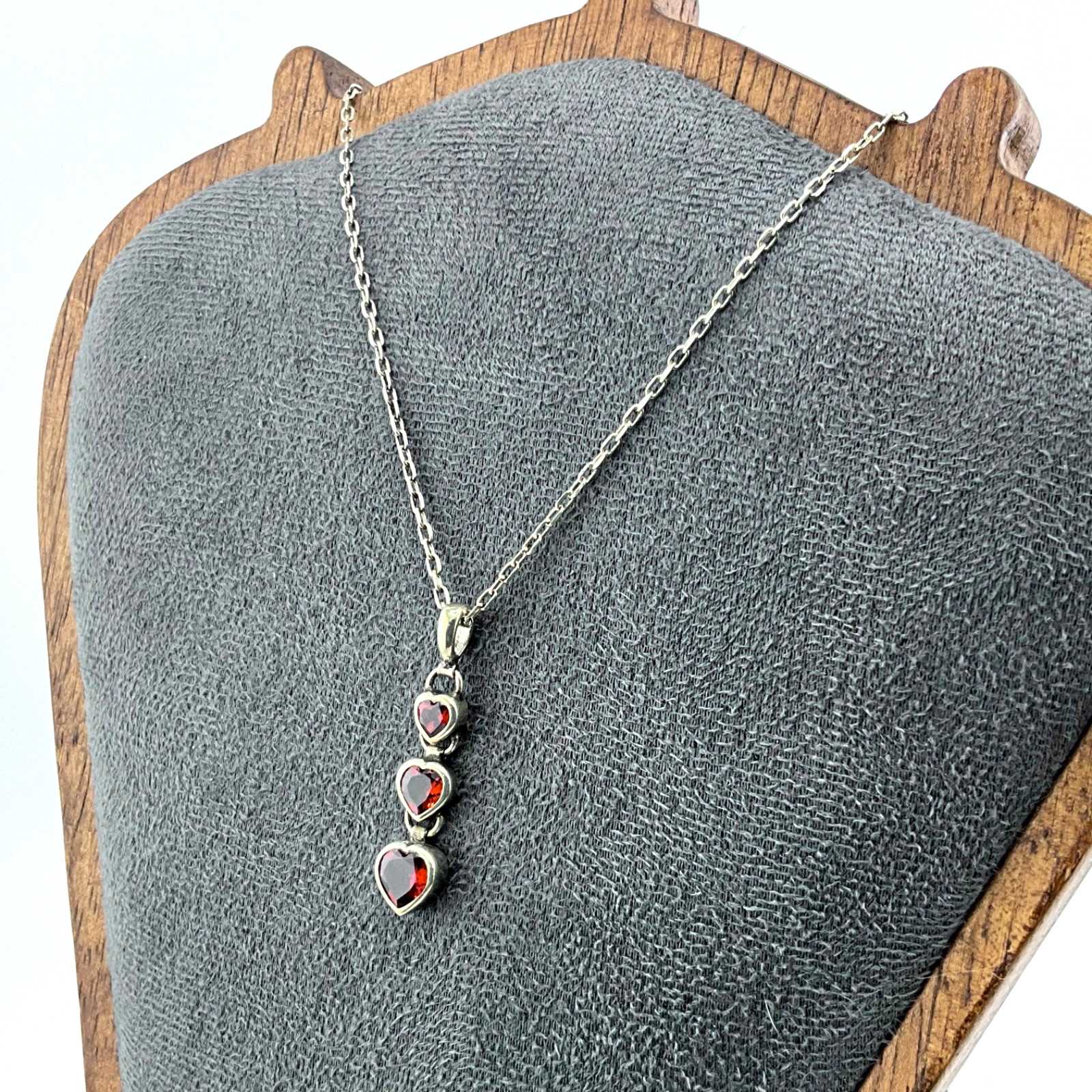 Minimalist Sterling Silver Three Heart Pendant Red Garnet with 17” Chain