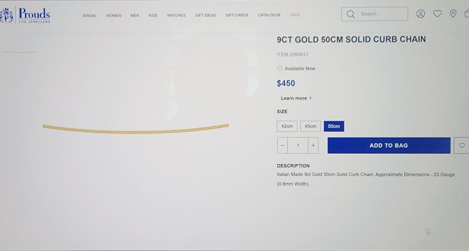 9ct Italian gold necklace, 50cm solid curb chain *new in box*