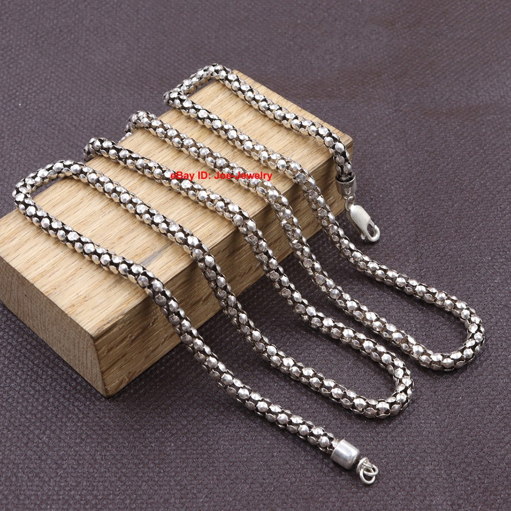 Real 925 Sterling Silver Necklace 4mm Popcorn Link Chain Necklace 27.5inch