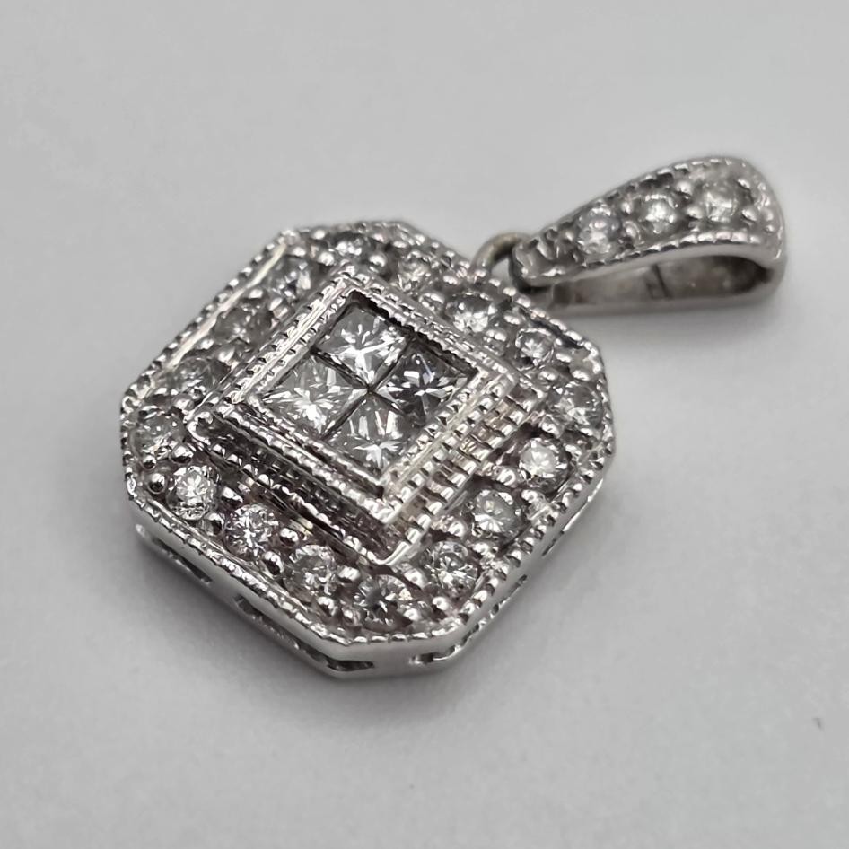 10K White Gold Round & Princess Cut Natural Diamond Square Cluster Pendant