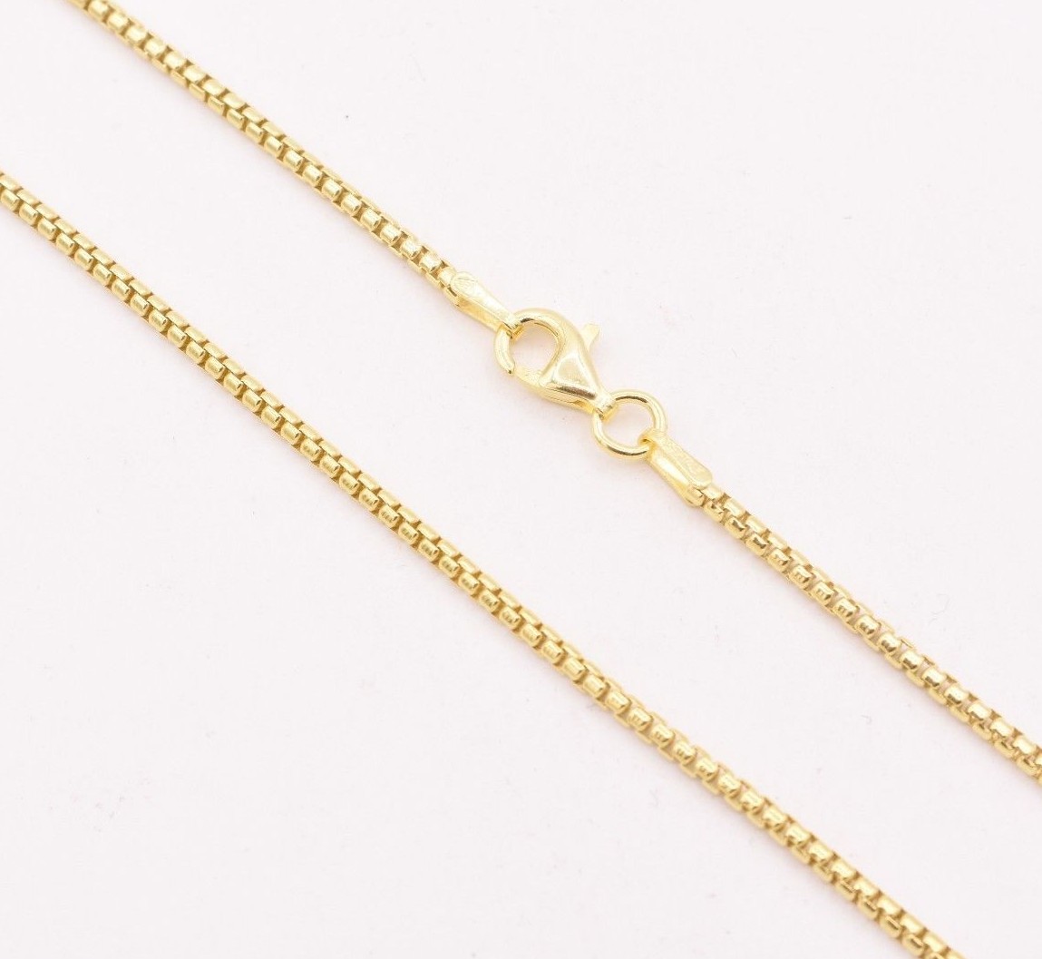 1.7mm Round Box Chain Necklace Real 14K Yellow Gold Plated Sterling Silver 925