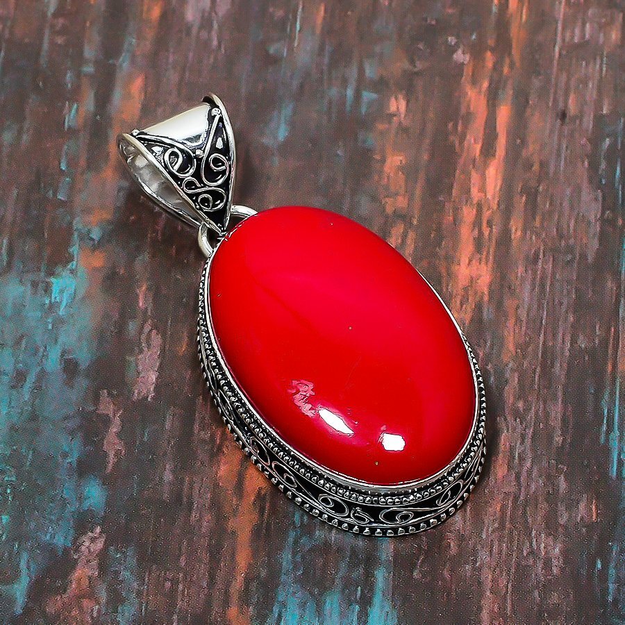 Italian Red Coral Gemstone Handmade Gift Jewelry Pendant 2.17″ S529