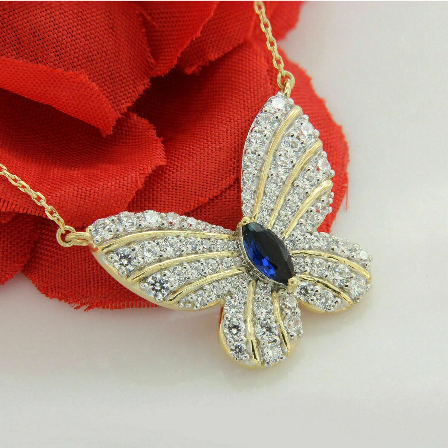 3 CT Blue Sapphire Marquise Pave Diamond Butterfly Necklace 14k Yellow Gold Over