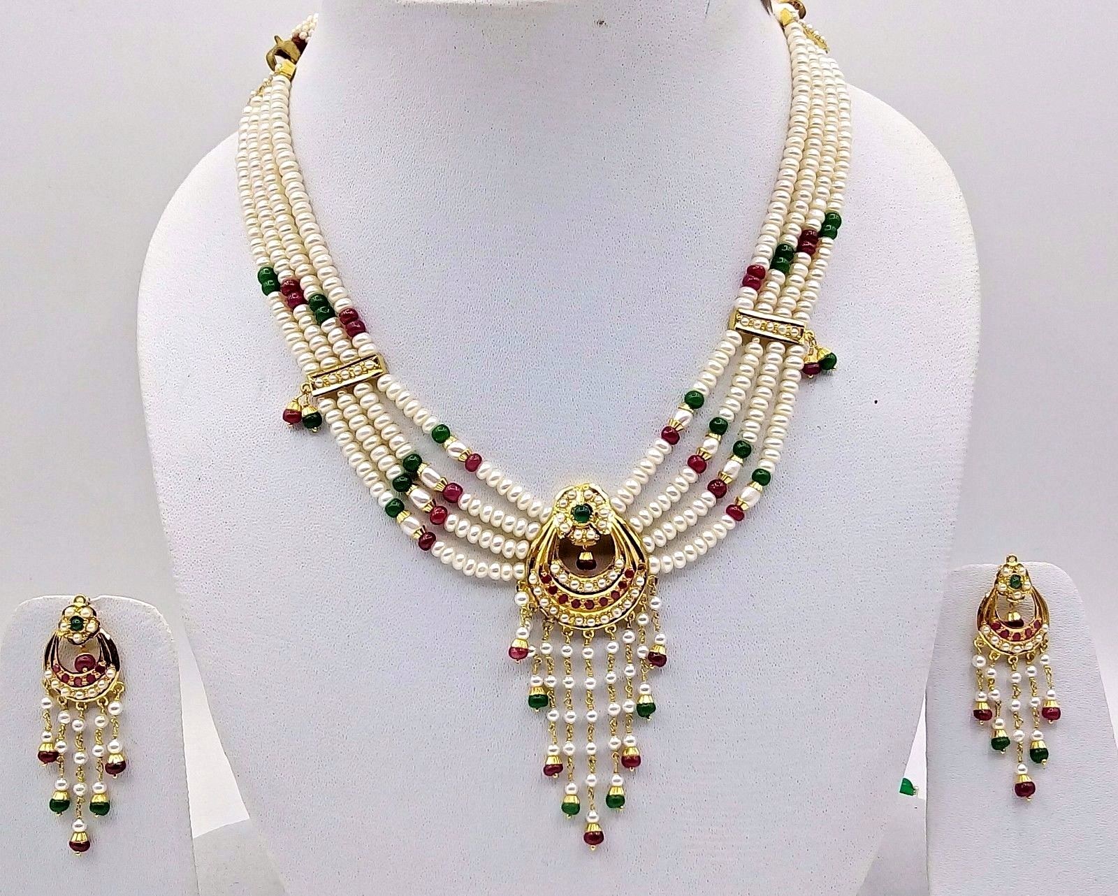 INDIAN BRIDAL GOLD PENDANT SET WITH EARRING SET RUBY EMERALD BEADED NECKLACE SET