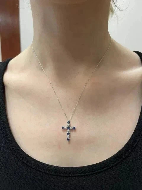 1.10Ct Round Cut Lab Created Sapphire Cross Womens Pendant 14K White Gold Plated