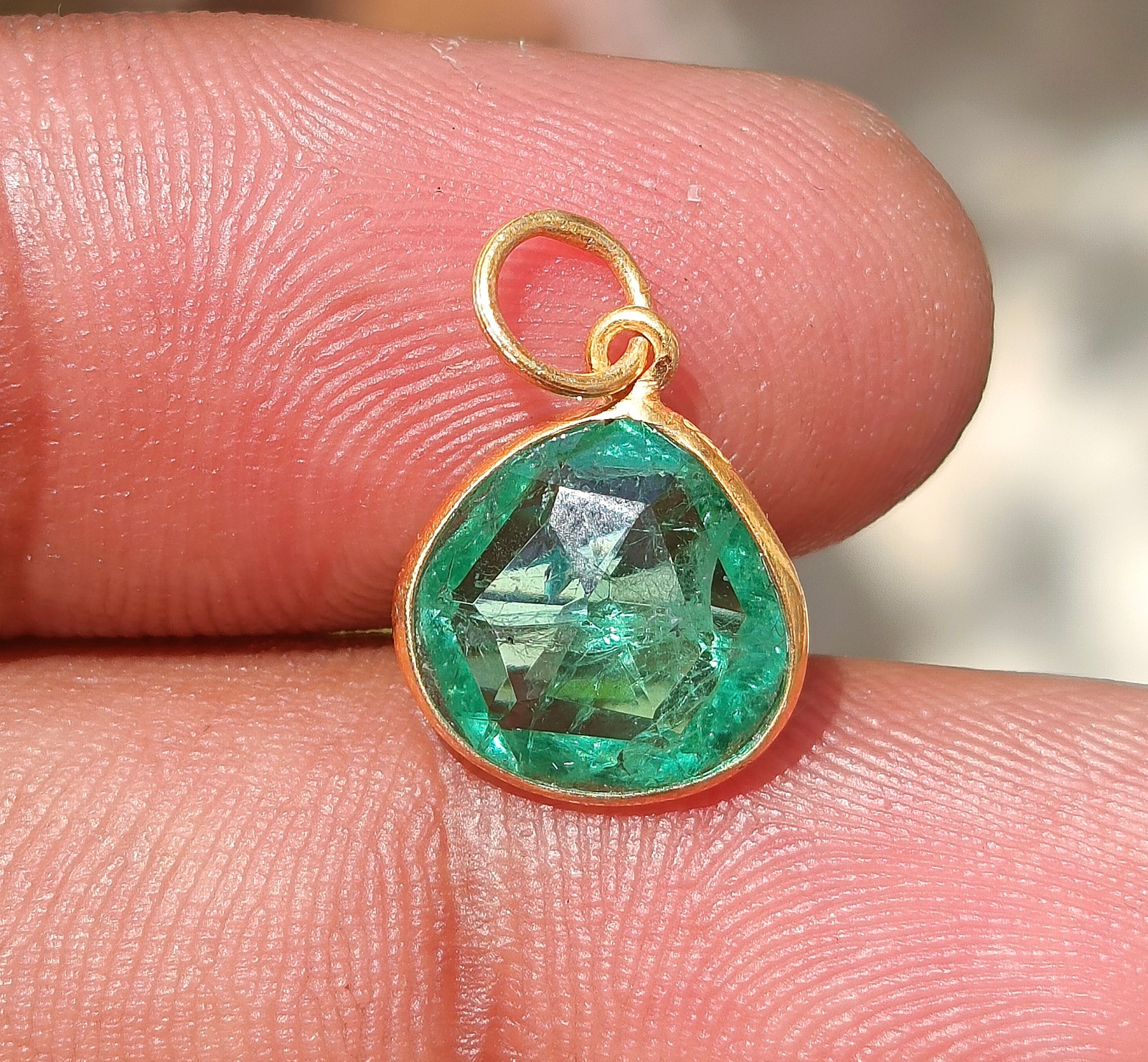 Pear Emerald Gold Charm Pendant -18k Solid Gold Handmade Necklace Gemstone Charm