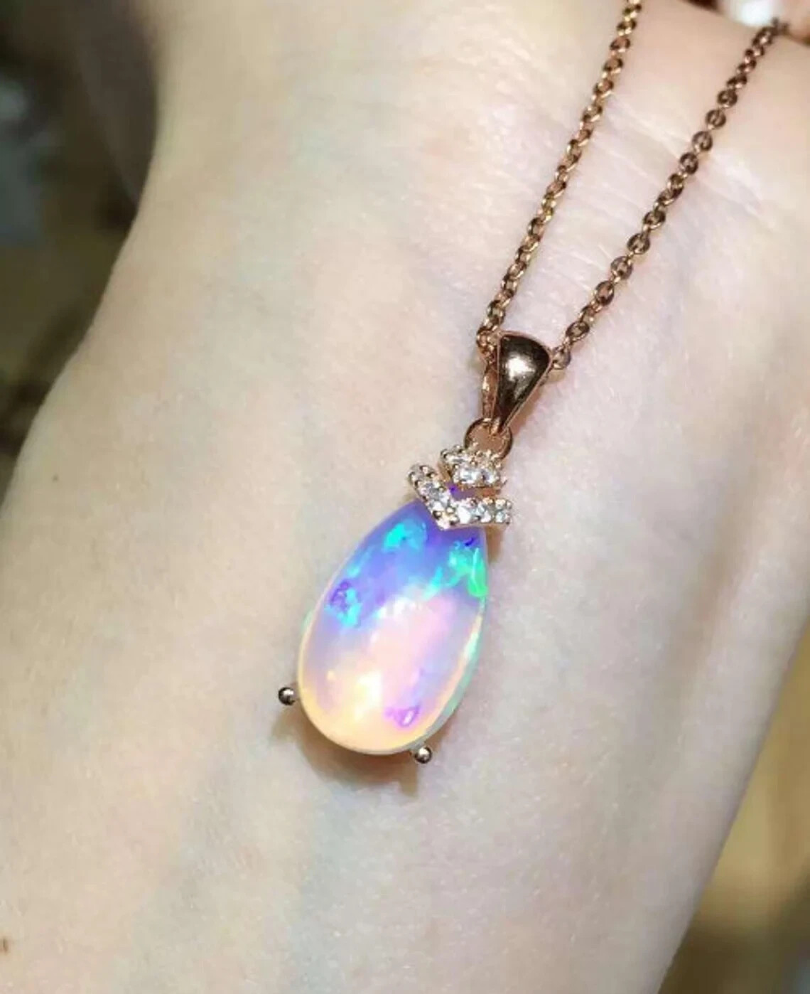 14K Rose Gold Plated 3Ct Pear Cut Natural Fire Opal Pendant Teardrop Necklace