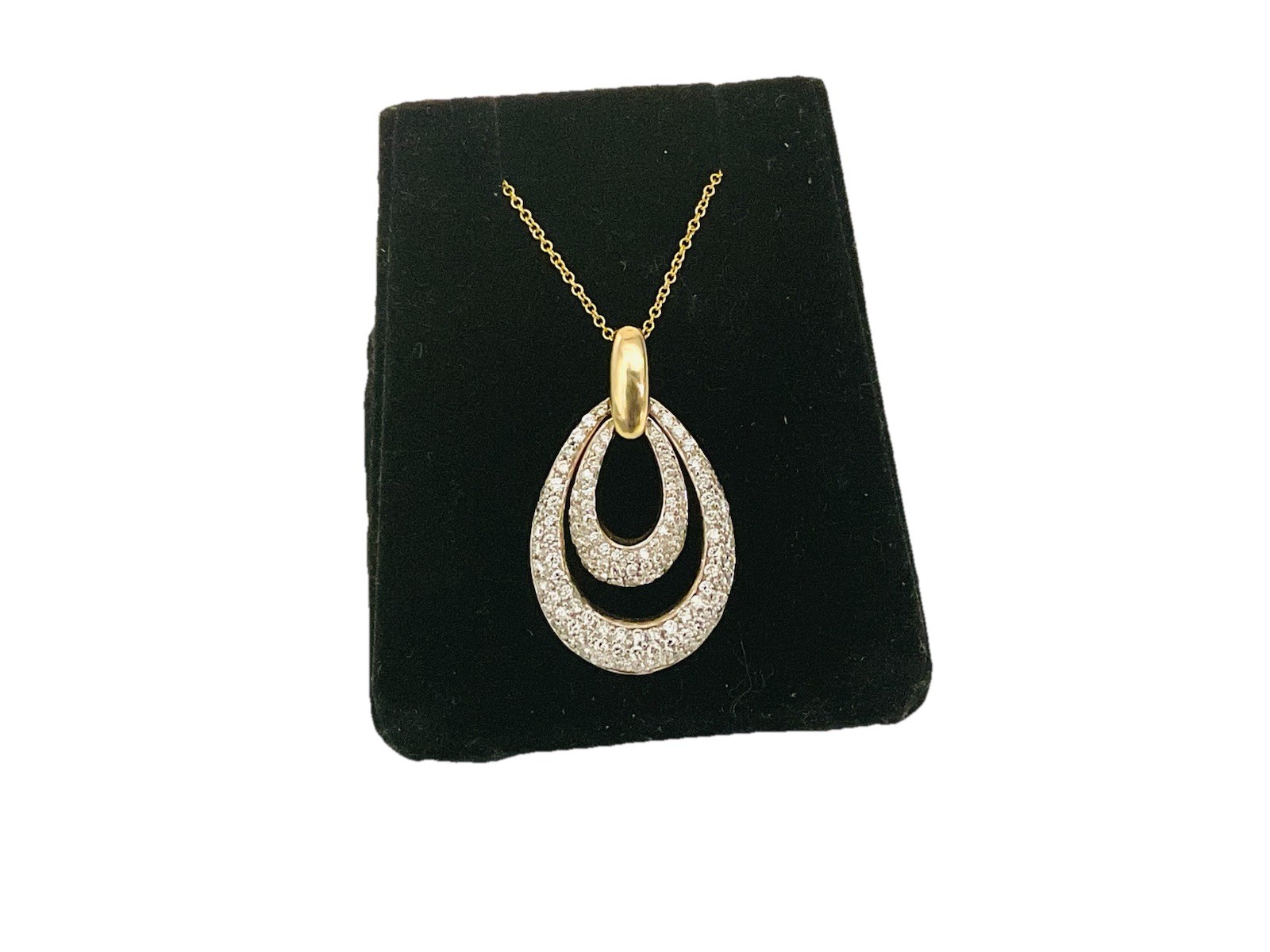Diamond Pave 14k Gold Oval Double Hoop Pendant Necklace 18”
