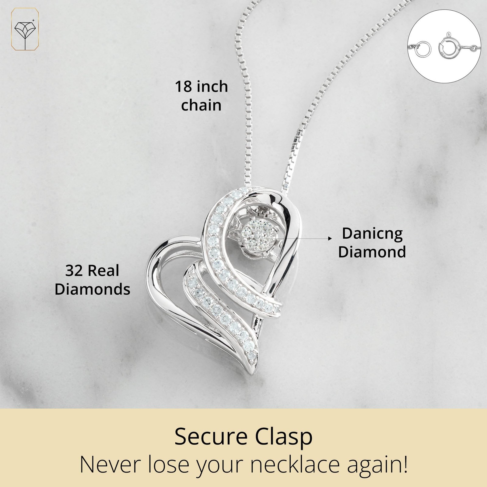 925 Sterling Silver Natural Diamond Love Wrapped Dancing Heart Pendant Necklace
