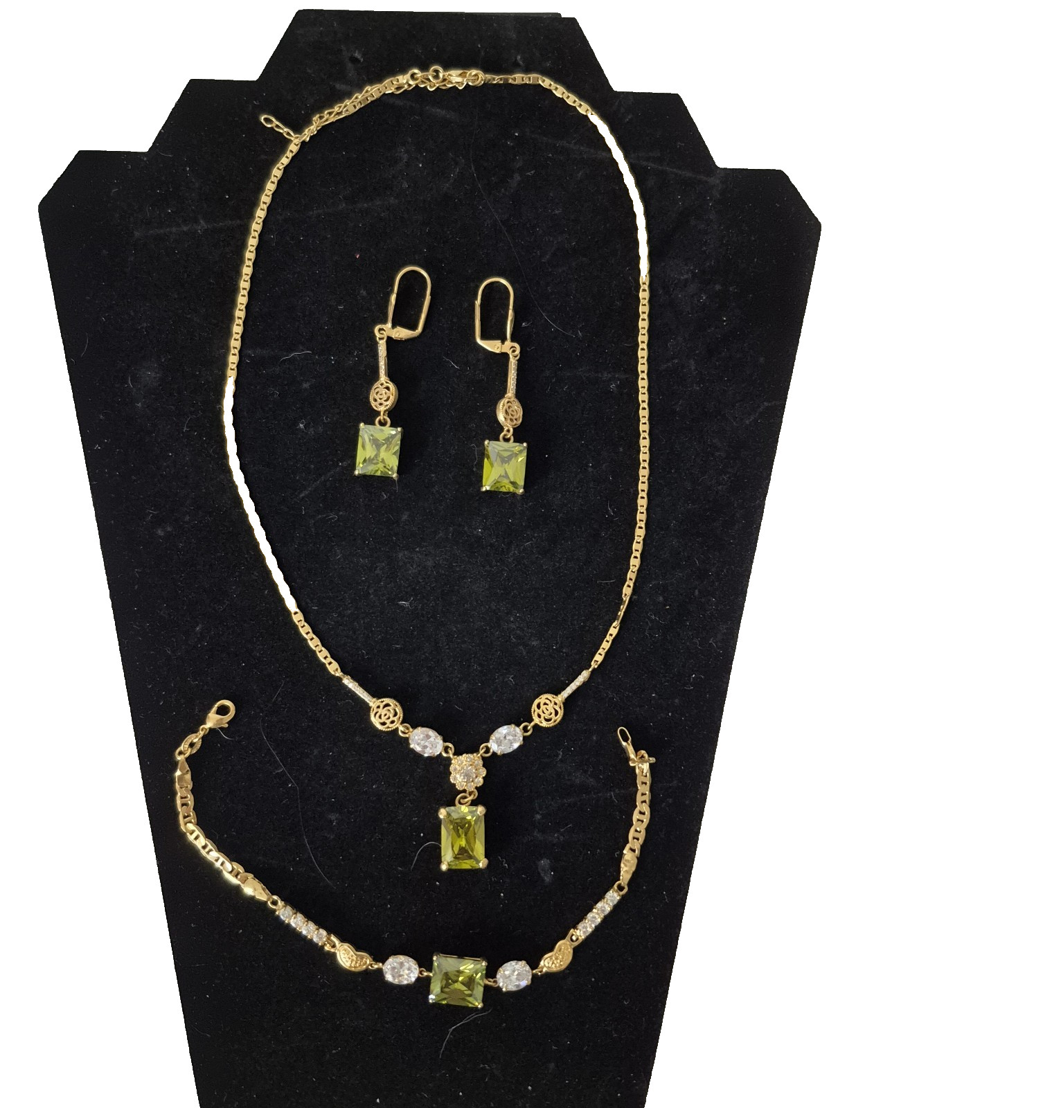 18k Gold Filled Chain Peridot Pendant Necklace Bracelet and Earring Set