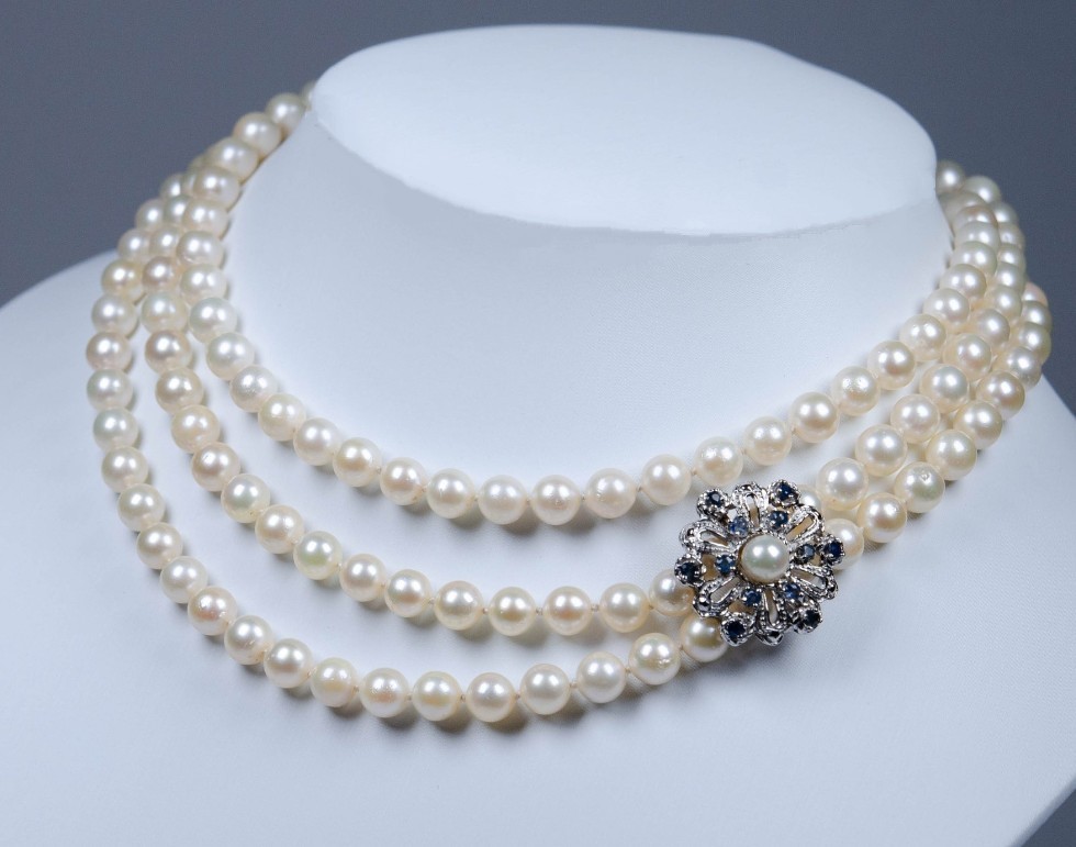 46″ Akoya Pearl Necklace Rope 6.5–7mm w/ .835 Silver Sapphire Enhancer .80ctw