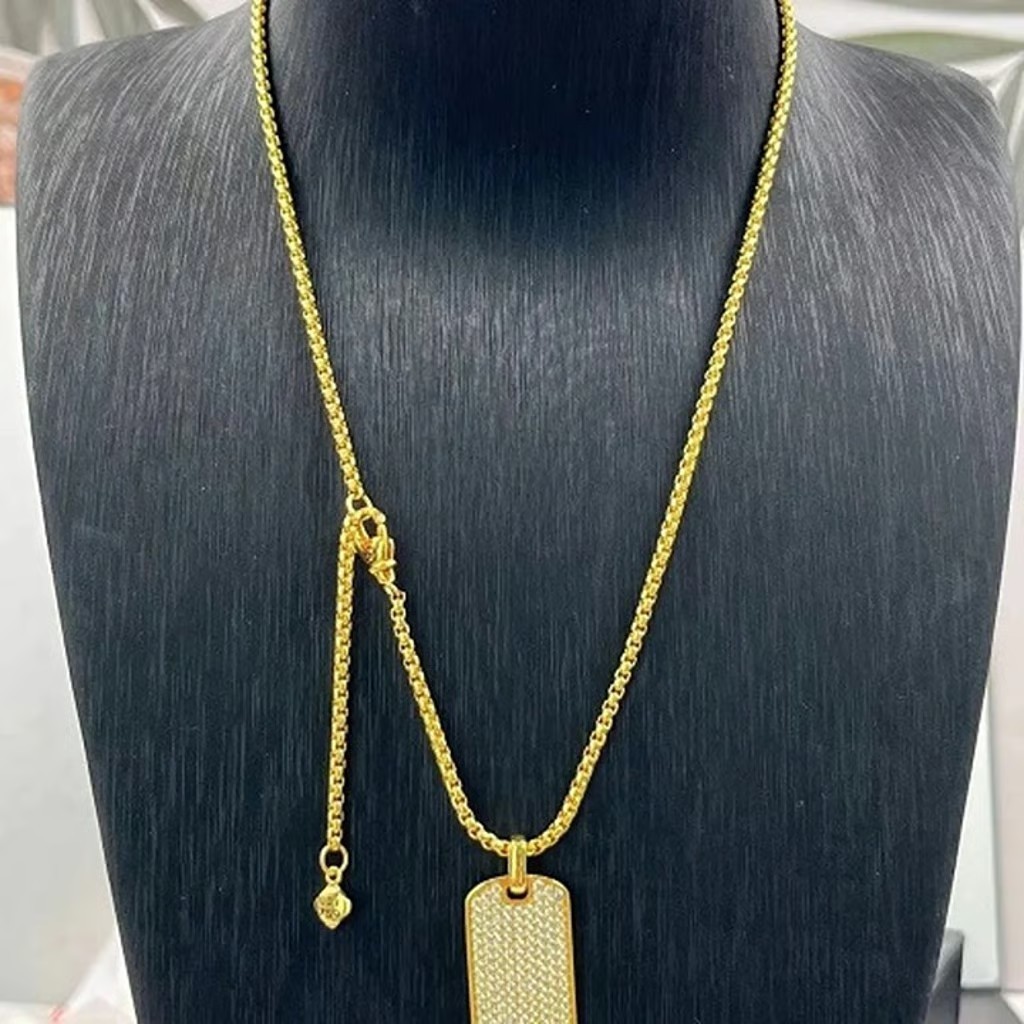 David Yurman Gold Tone Paved Dog Tag Pendant Necklace