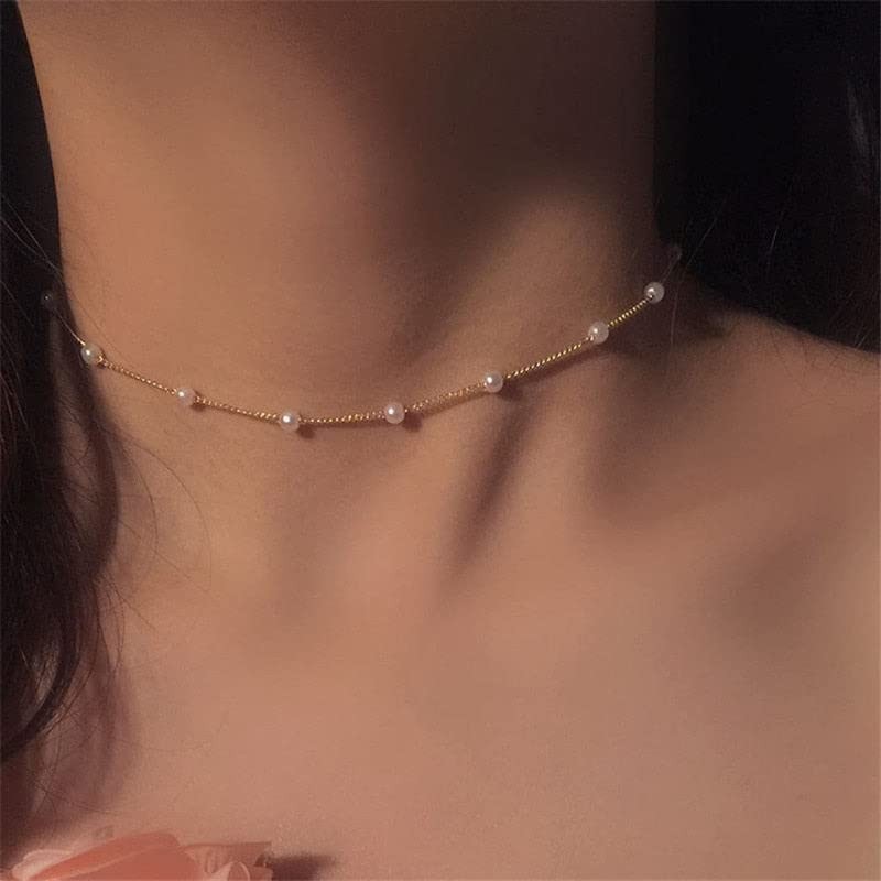 Pearl Choker Necklace for Women,18k Gold Tiny Chain Dainty Charm Adjustable Aest