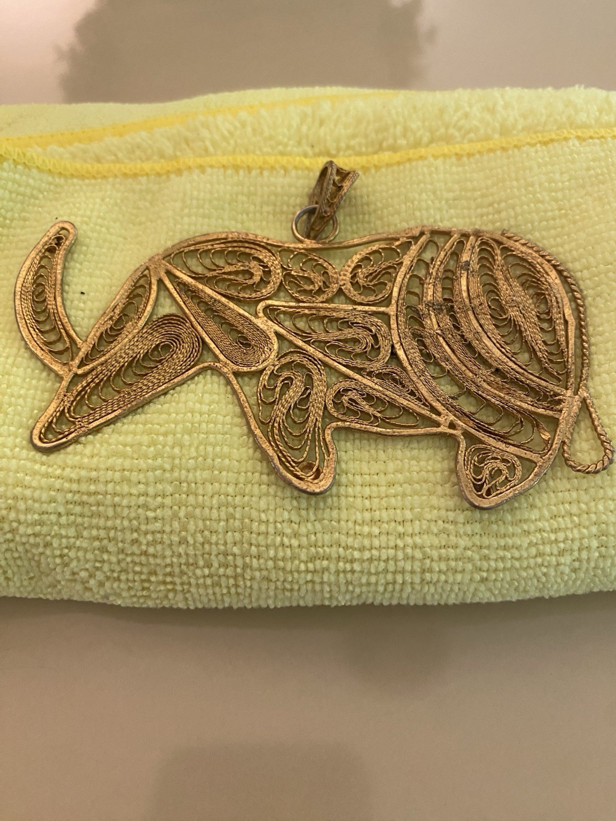 Rare Vintage Rhinoceros Outlined Metal Necklace Pendant 4.24″ Wide With 6 Beads