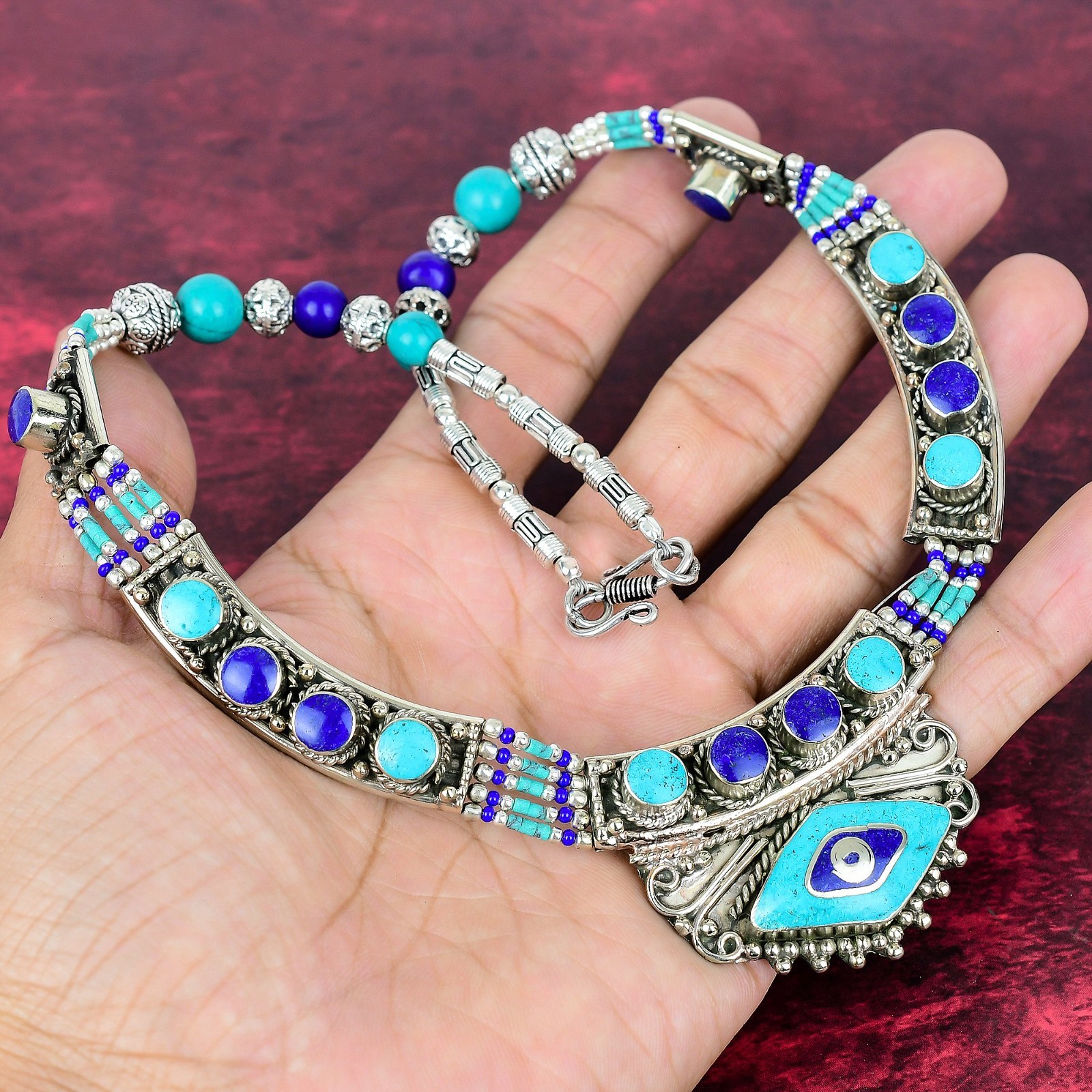 Lapis Lazuli & Turquoise 925 Sterling Silver Handmade Nepali Jewelry Necklace