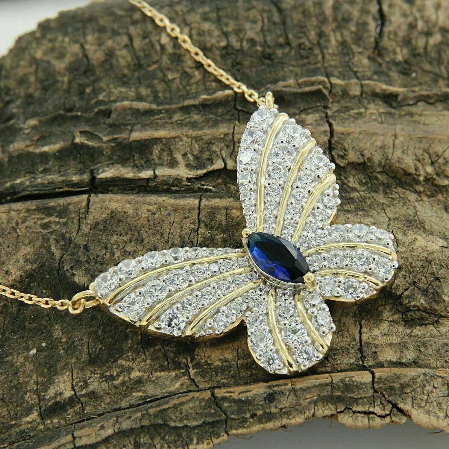 3 CT Blue Sapphire Marquise Pave Diamond Butterfly Necklace 14k Yellow Gold Over