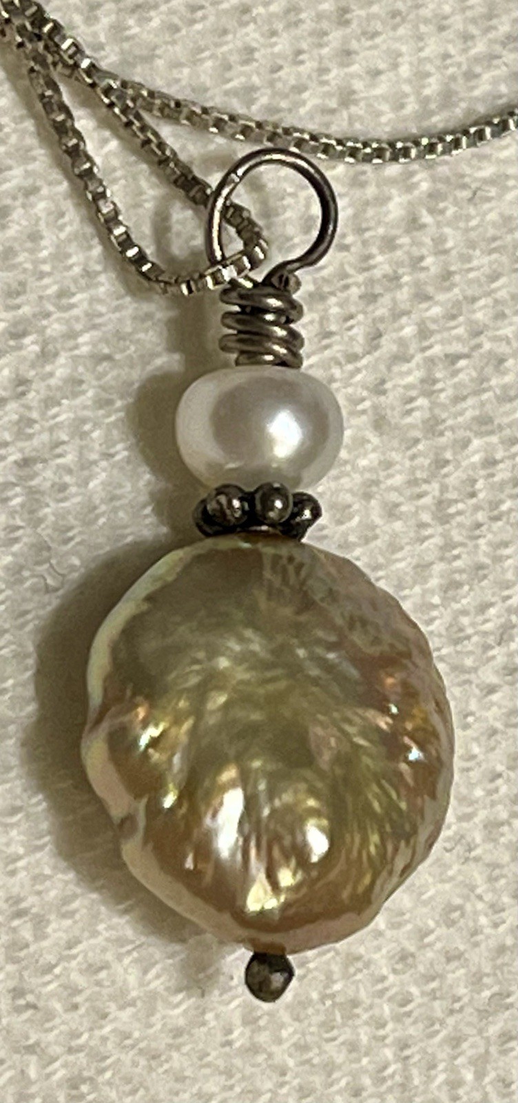 Vintage Sterling Silver .925 Necklace with Artisan Coin Pearl Pendant