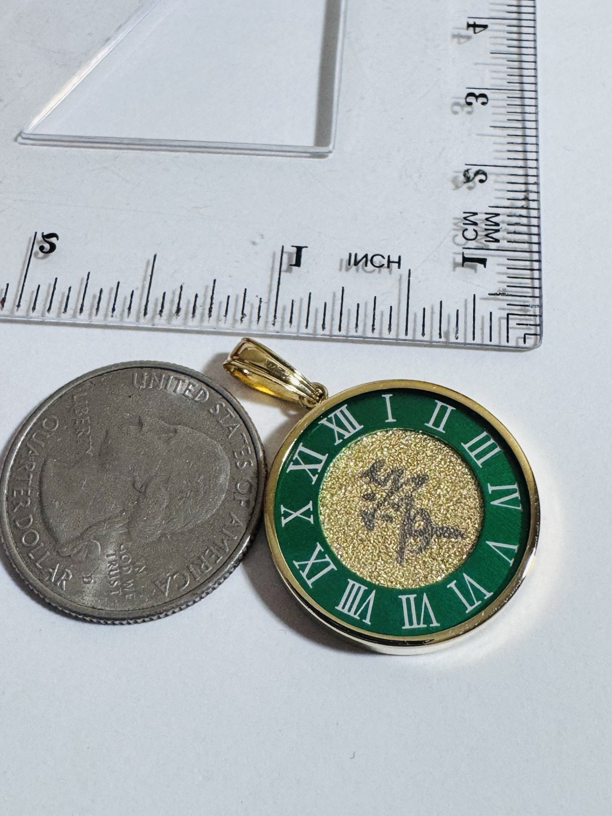 18K K18 Japan Gold Pendant Green Love & Gold 6.8g Glass on Top MENS-WOMENS