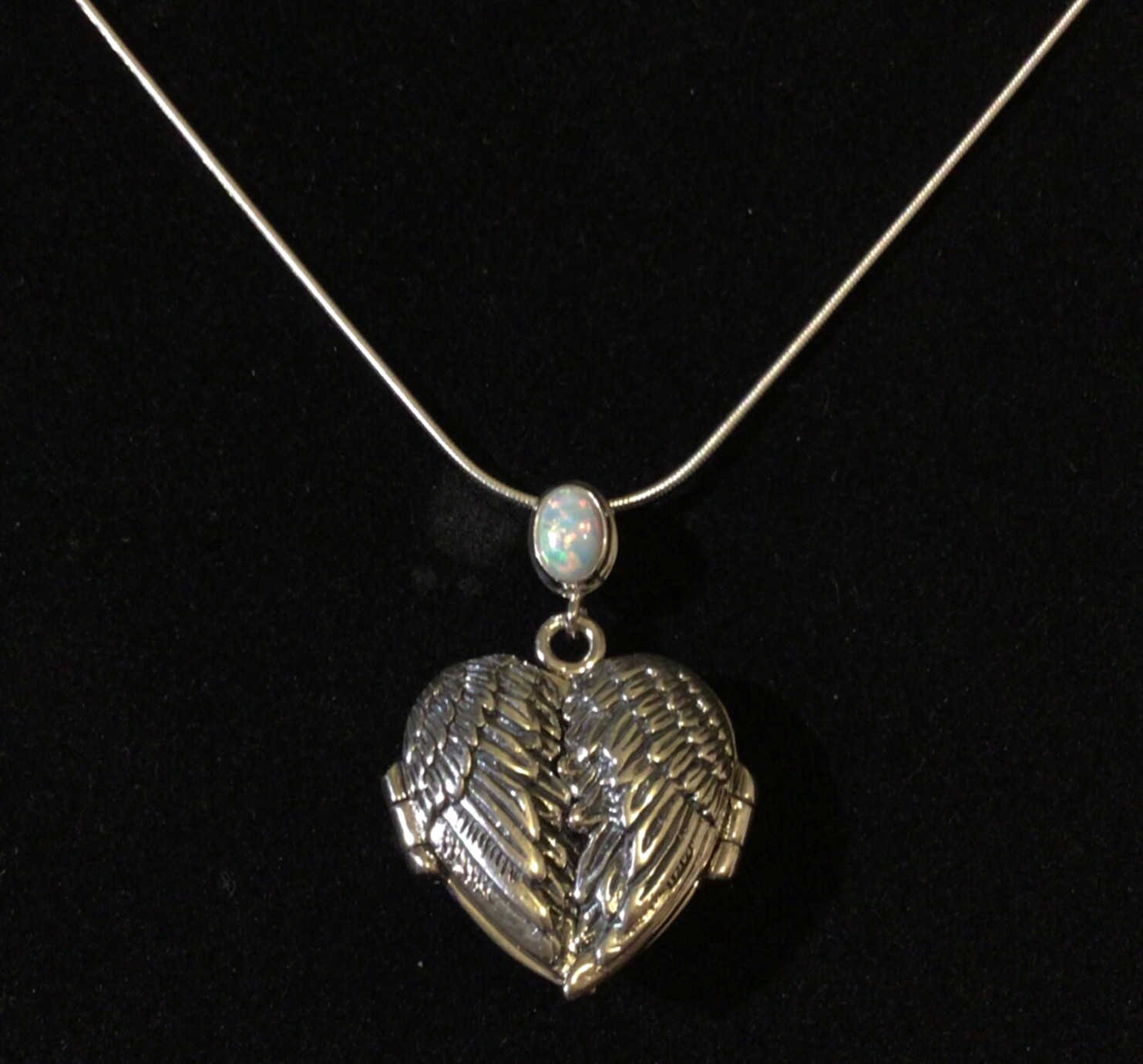 Sterling Silver Fire Opal guardian angel wings Love Heart photo Prayer locket