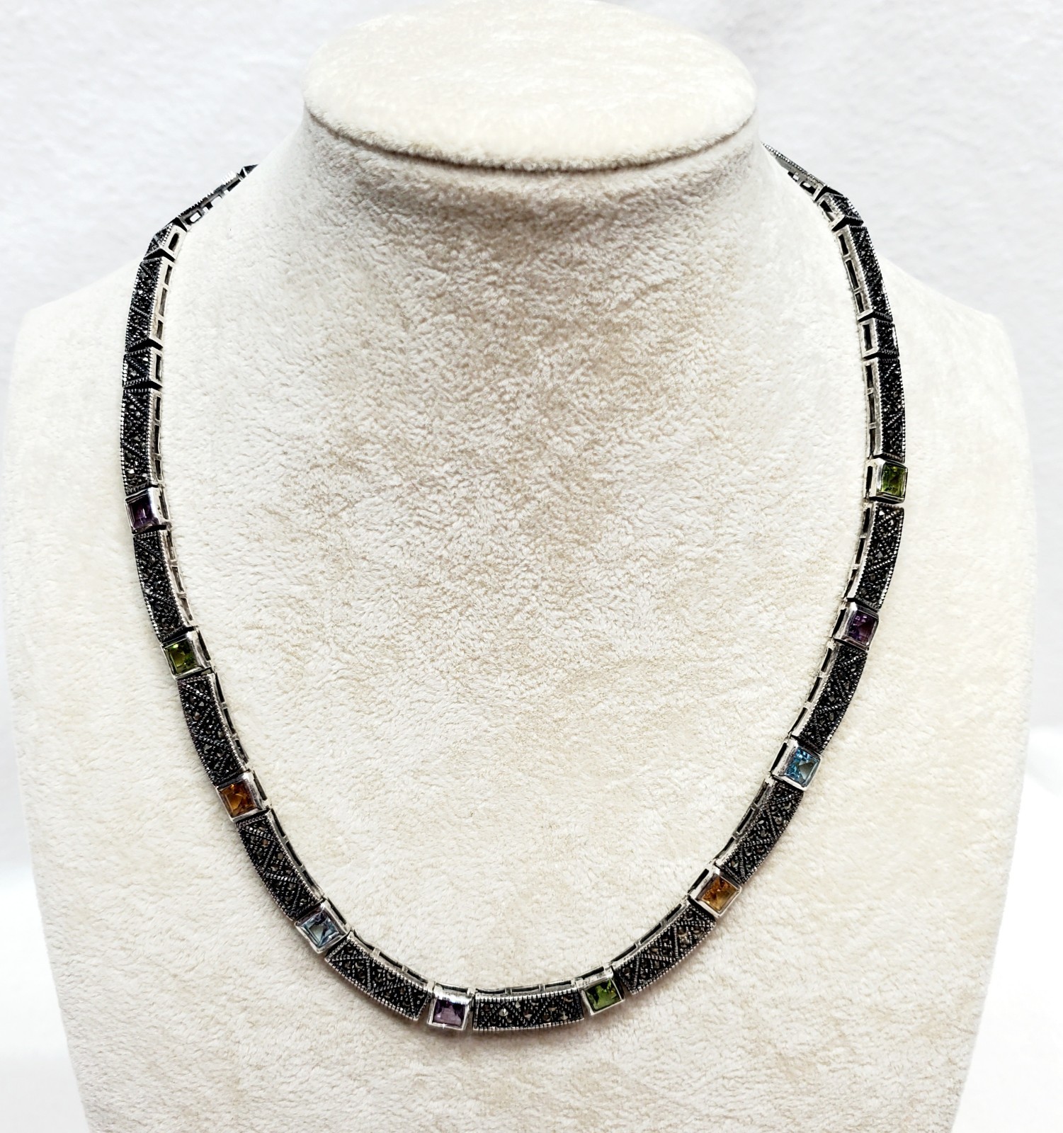 Art Deco Style Sterling Silver 925 Marcasite & Multi Gemstone Necklace Estate