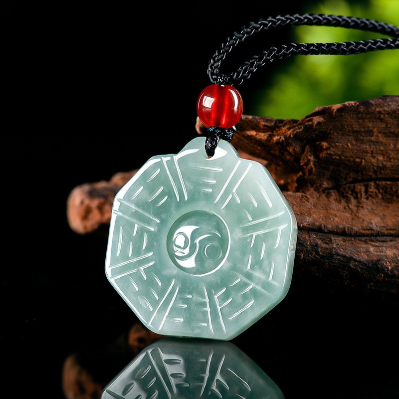Green Jade Bagua Pendant Necklace Carved Yin Yang Amulet with Red Bead Cord