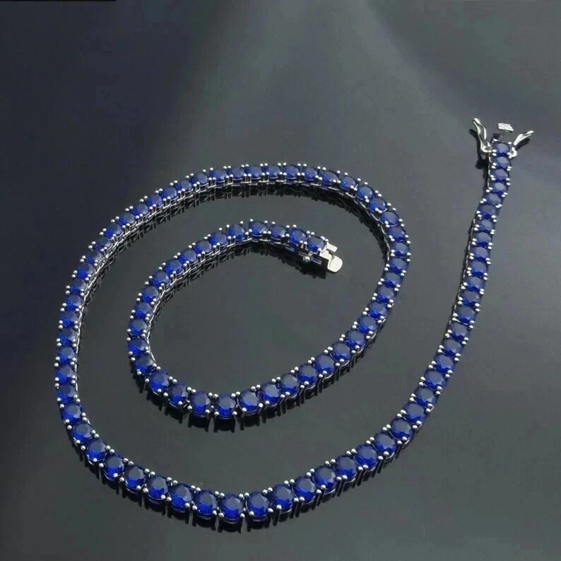 15 Ct Round Cut Lab-Created Blue Sapphire Tennis Necklace 14K White Gold Plated