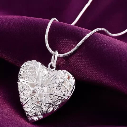 1/2pcs 925 Plated Silver Heart Photo Locket Pendant Necklace Brand New for Women