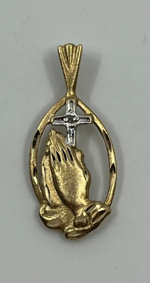 Vintage 10k Solid Gold Praying Hands Delicate Pendant Diamond