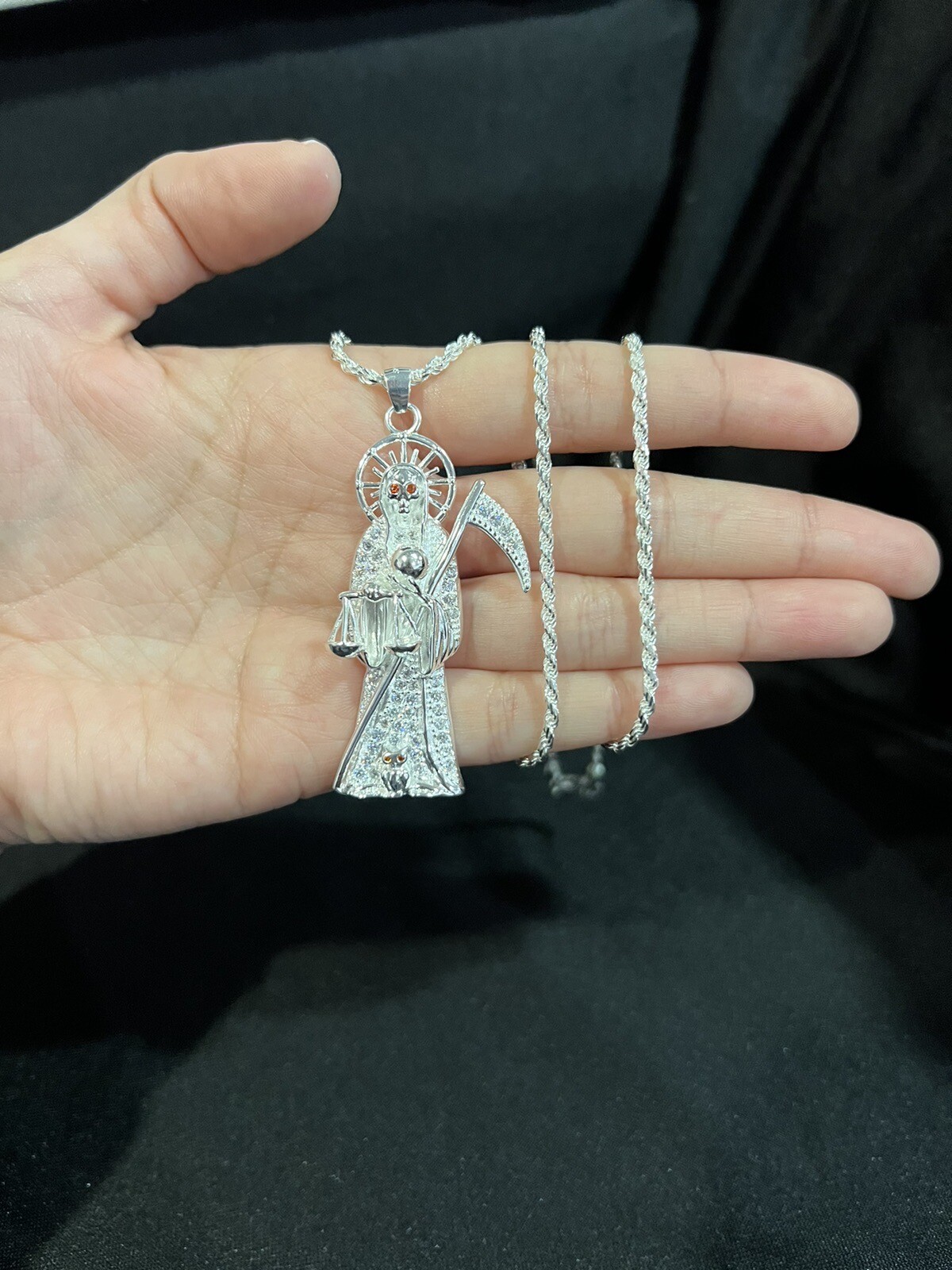 925 Sterling Silver Men Women CZ Santa Muerte Grim Reaper & Rope Chain 20 24 30