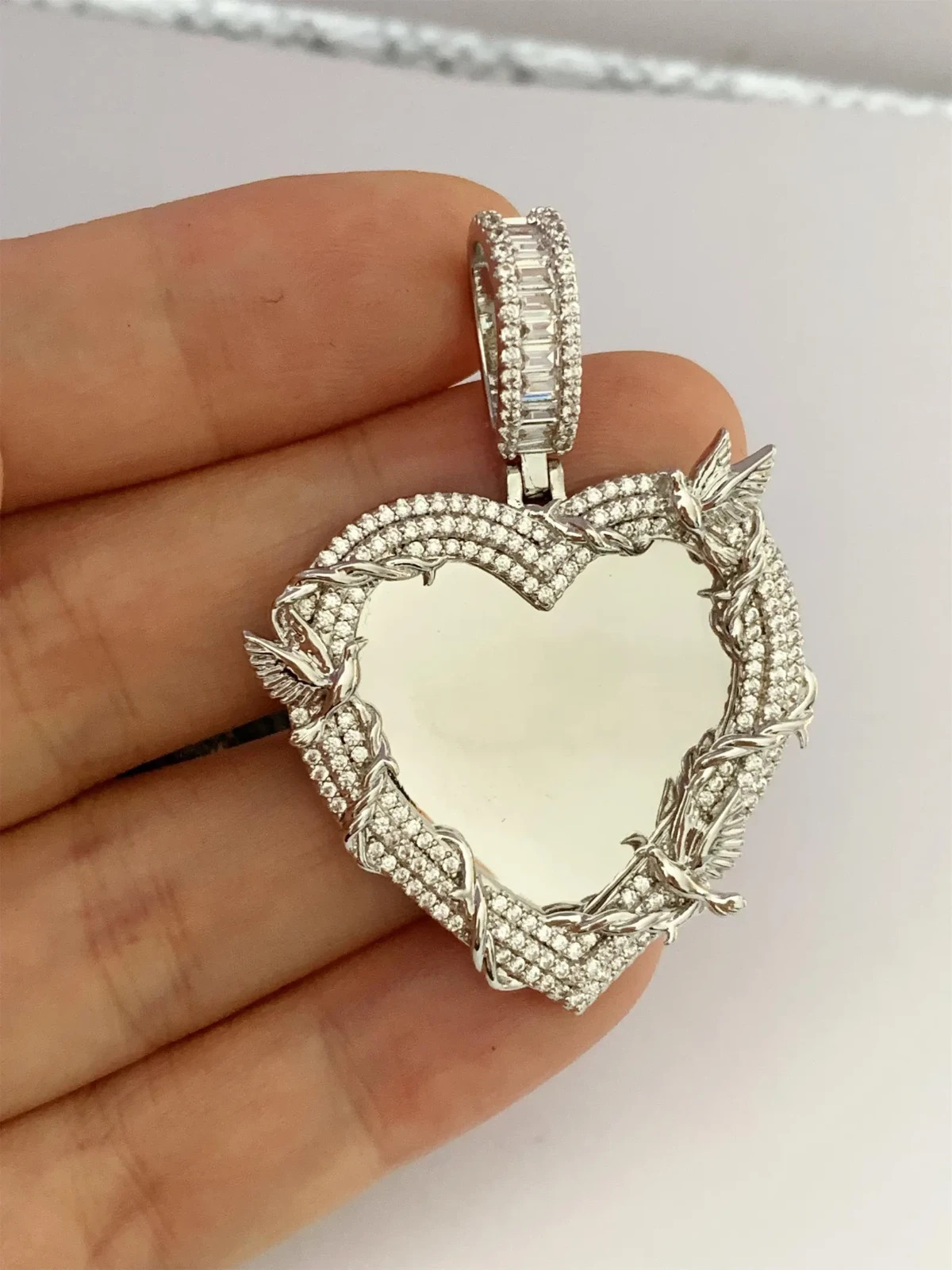 4ct Lab Created Diamond Custom Heart Memorial Photo Pendant 14k Gold Plated 2″