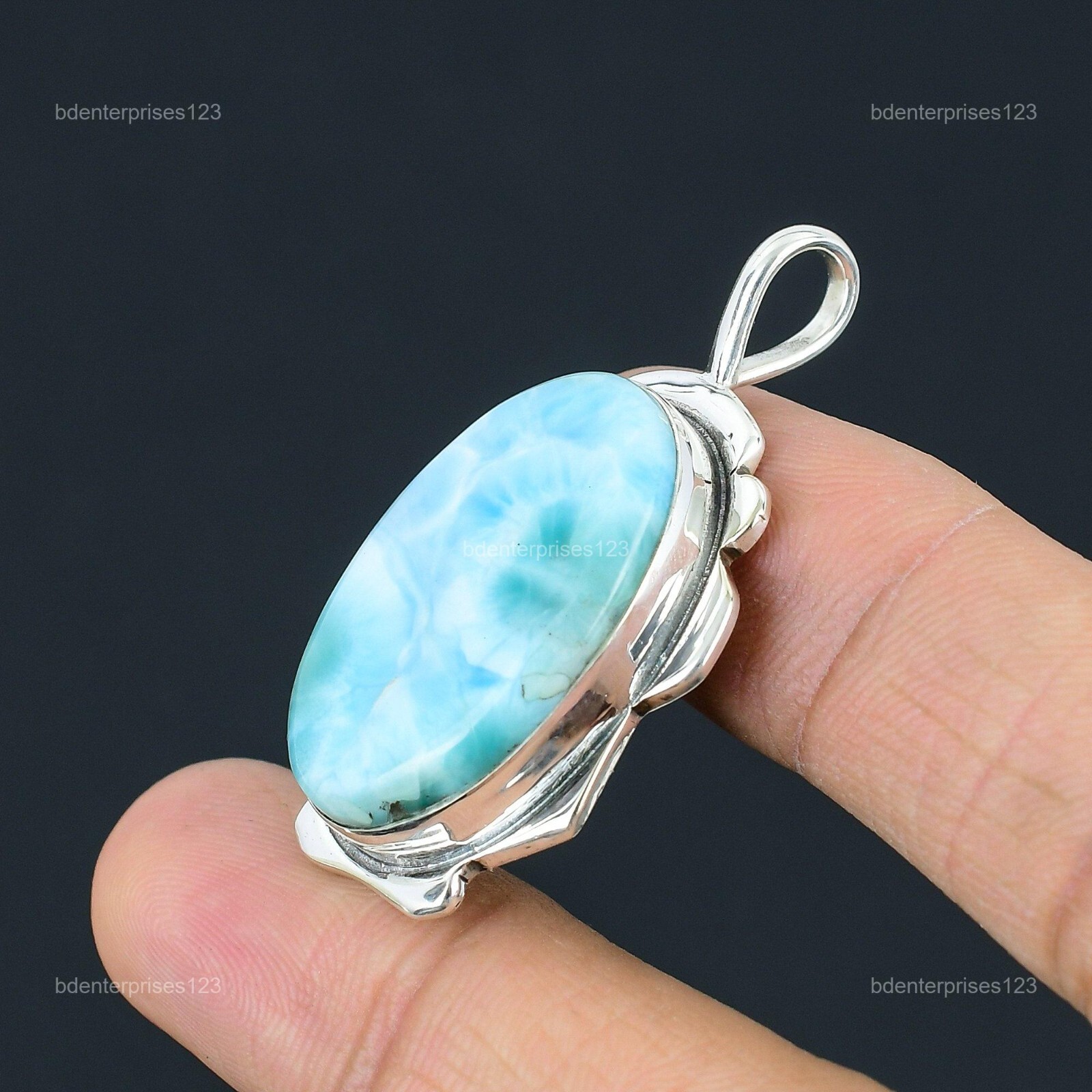 925 Sterling Silver Oval Larimar Gemstone Engagement Anniversary Pendant Jewelry