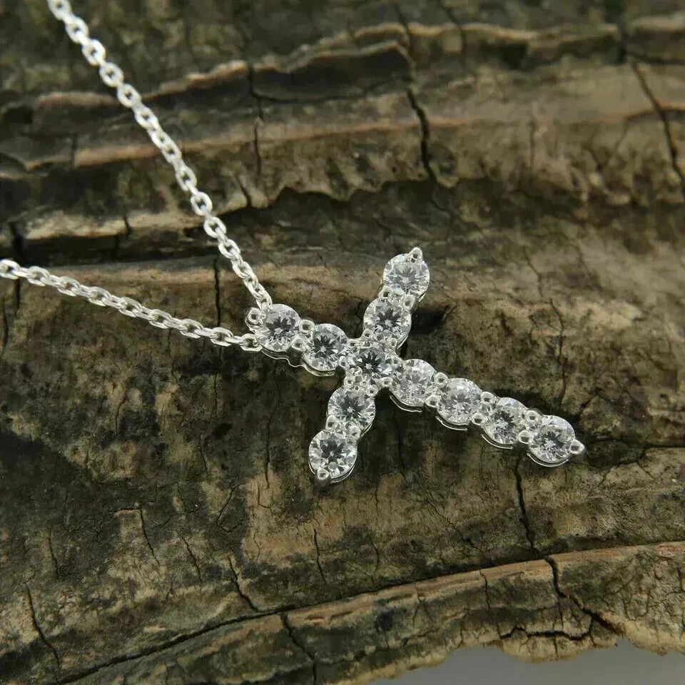 2CT Round-Cut Real Moissanite Cross Pendant Necklace 14K White Gold Plated