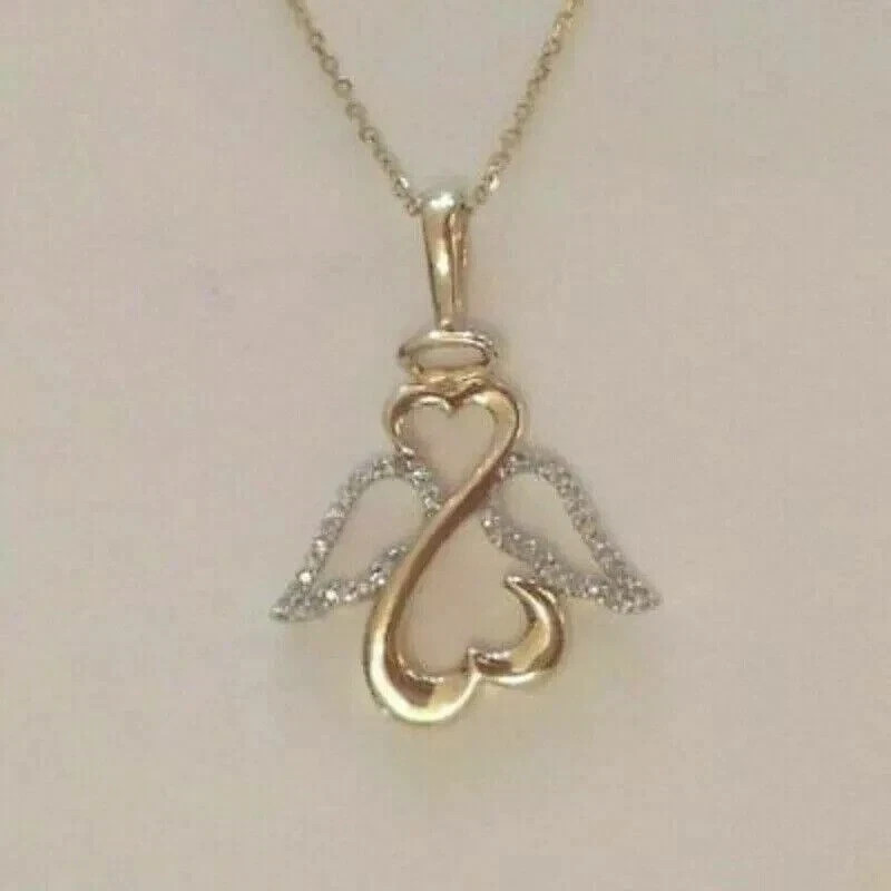 Open Hearts Diamond Winged Angel Pendant Necklace 14k Yellow Gold Plated