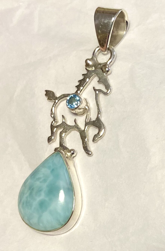 Lovely Larimar & Blue Topaz Horse Pendant 2” 925 Sterling Silver🌹