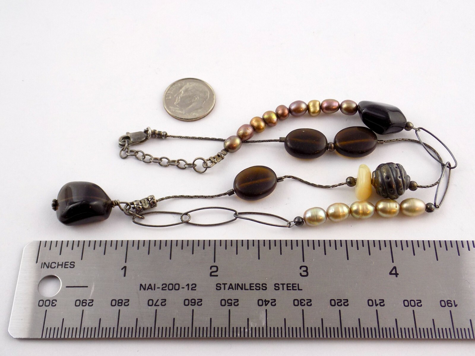 Sterling Silver Smoky Quartz Agate and Pearl Beaded Necklace 925 19.3g 18 Inches