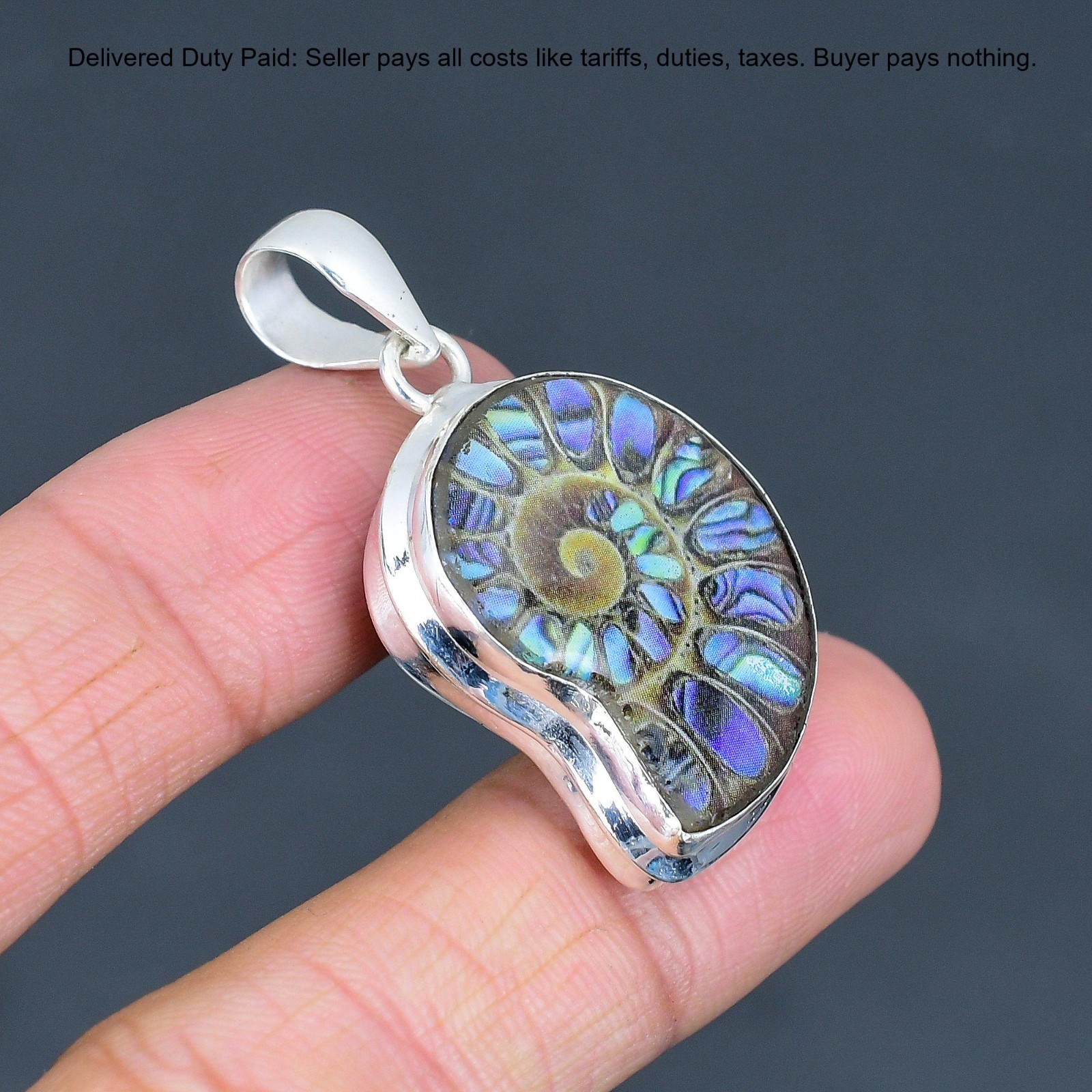 Natural Abalone Shell In Ammonite Doublet Opal Sterling Silver Pendant Jewelry