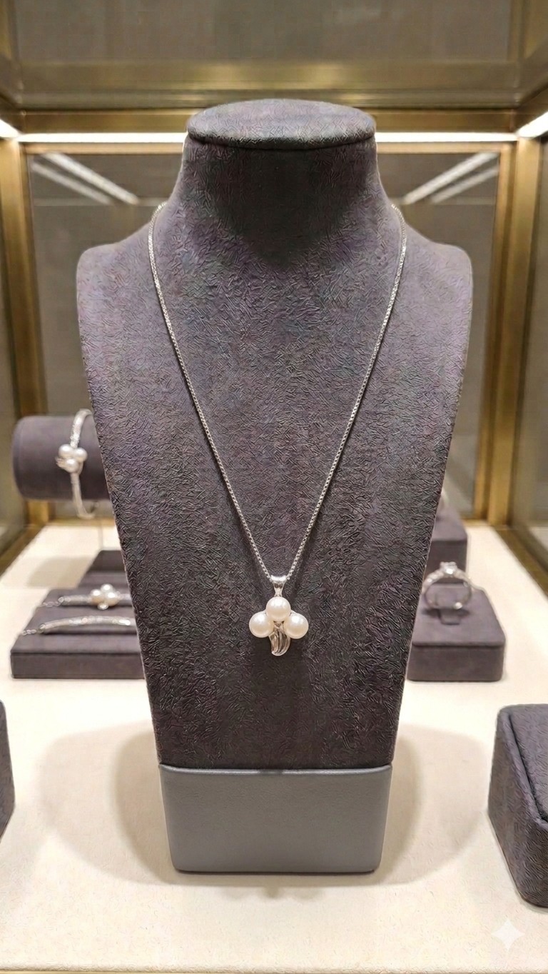 Vintage Sterling Silver 925 Triple Pearl Leaf Pendant Botanical Cluster Necklace