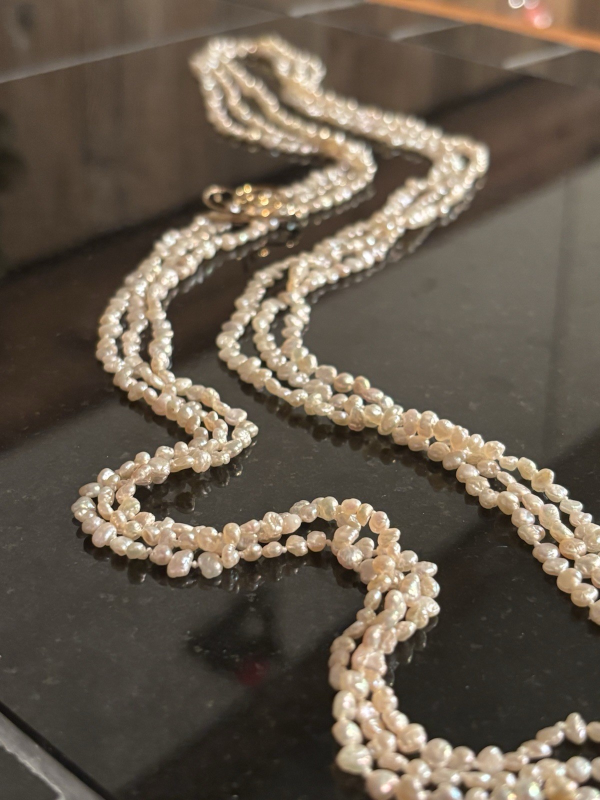 Estate Multi-strand Freshwater Rice Pearl Long Necklace w/Gold Filled Brooch Pin